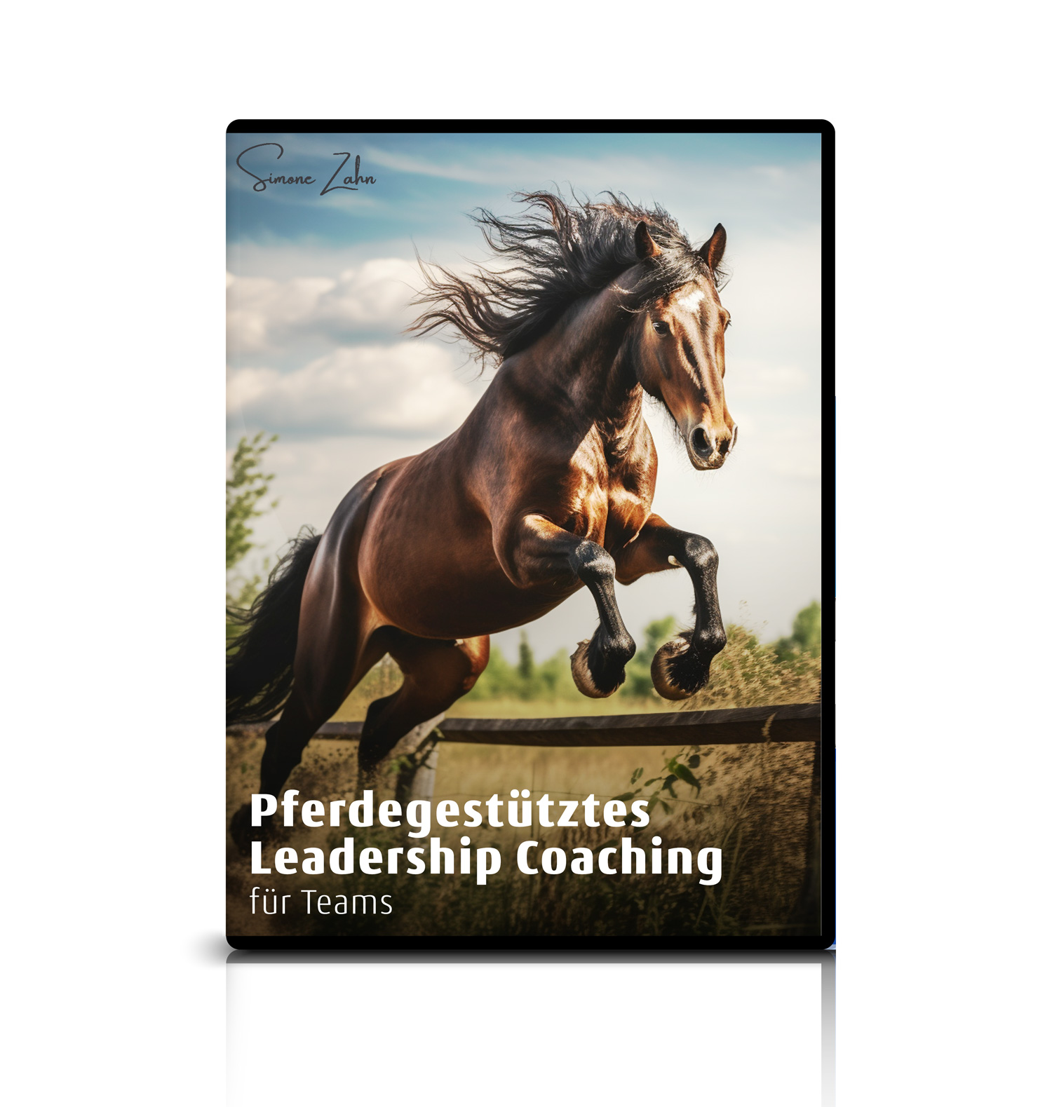 virtual-product-academy-pferde Pferdegestütztes Leadership Coaching mit Covermotiv, welches ein springendes Pferd zeigt.