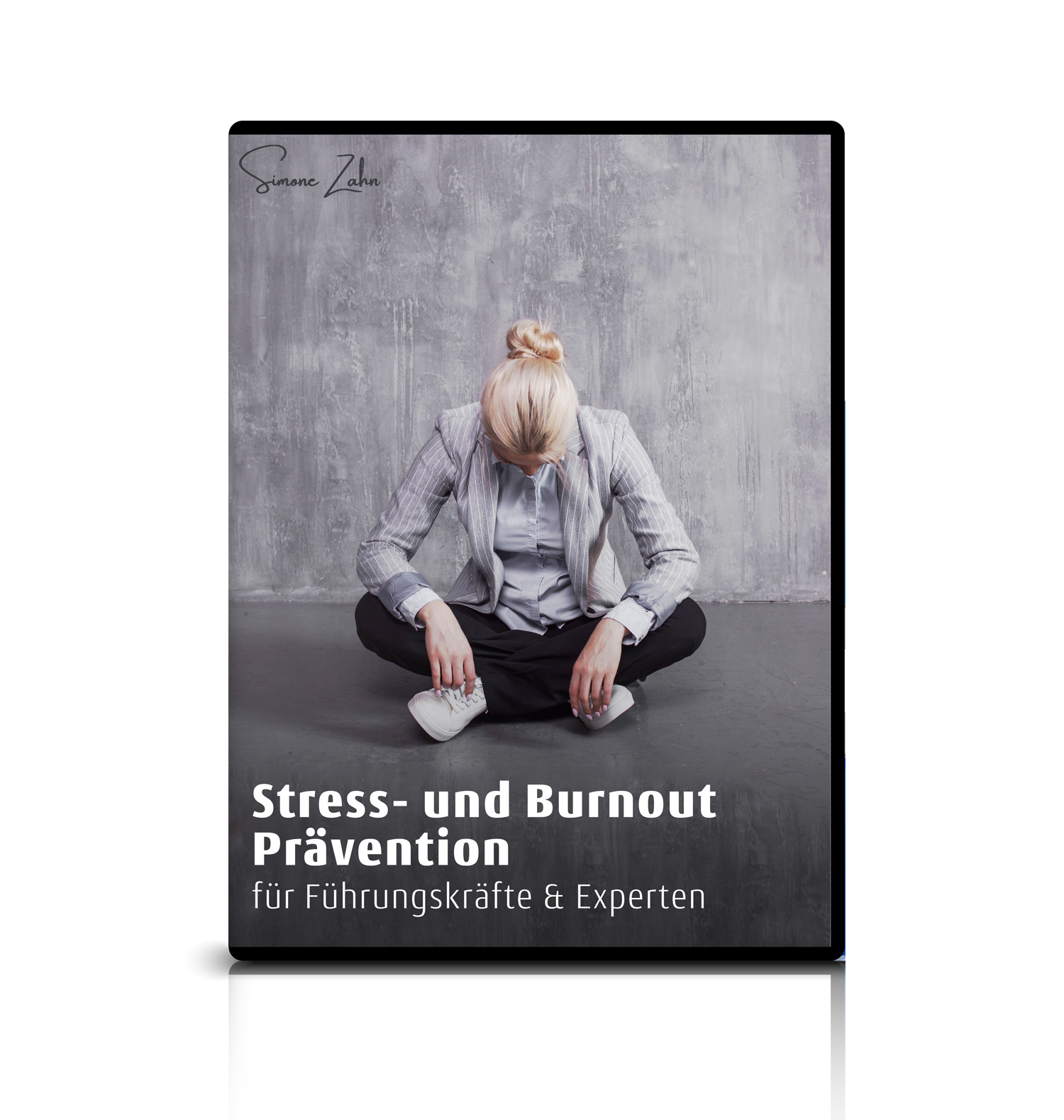 virtual-product-academy-stress Stress- und Burnout Prävention. Covermotiv mit einer niedergeschlagenen Managerin.