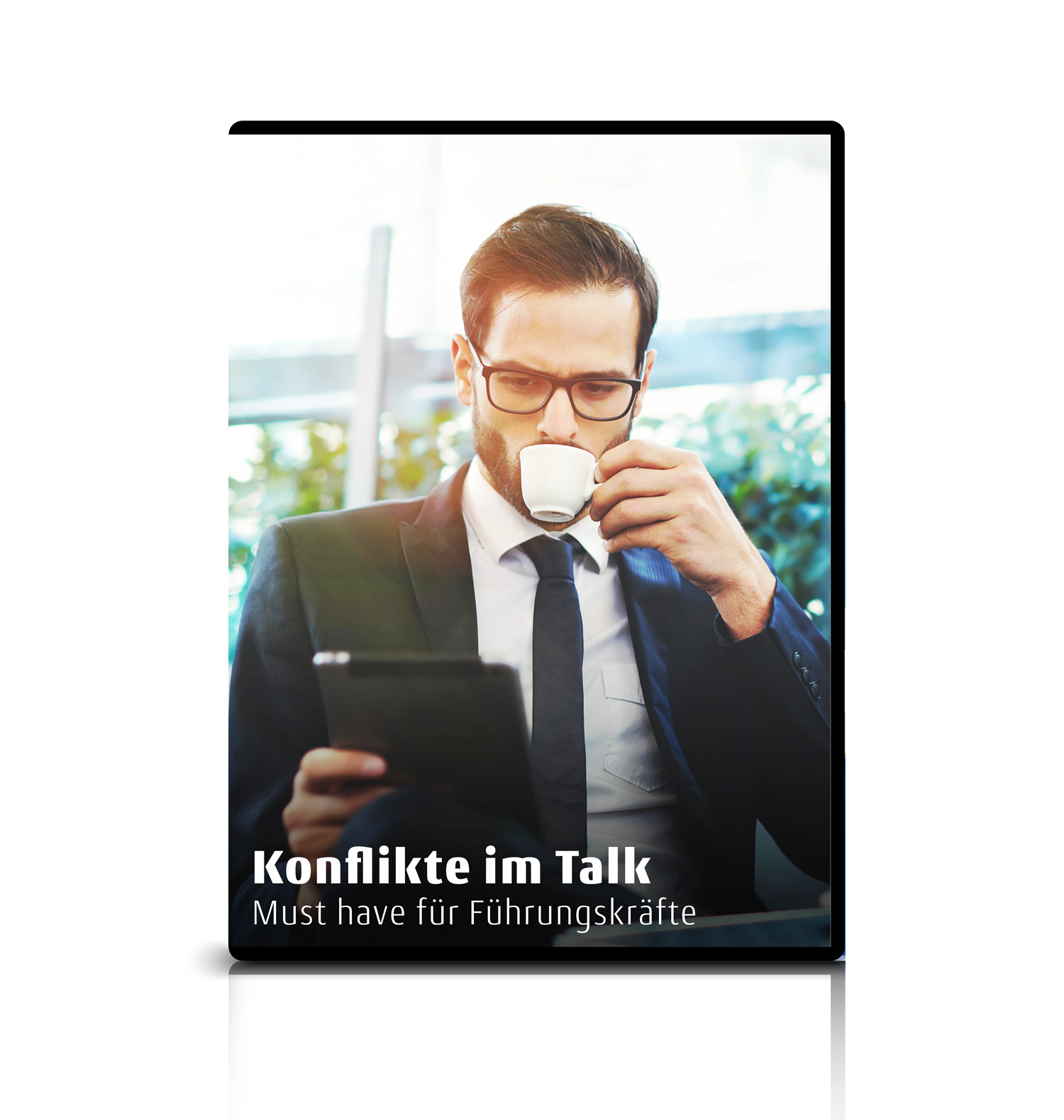 virtual-product-konflikte Konflikte im Talk. Covermotiv mit einem Manager, der einen Espresso trinkt und sein iPad checkt.